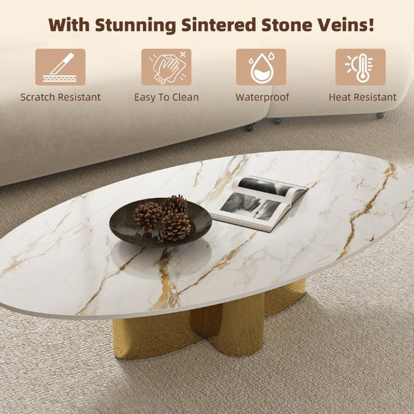 English Elm 47.24 Oval Walnut Veneer Coffee Table with Ash Base for Modern Living Rooms Gold+White Sintered Stone, Stainless Steel W6002S00018