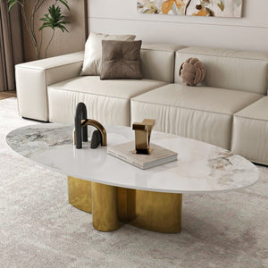 English Elm 49.21 Oval Sintered Stone Coffee Table with Sculptural Brushed Gold Floral Steel Base W6002S00020
