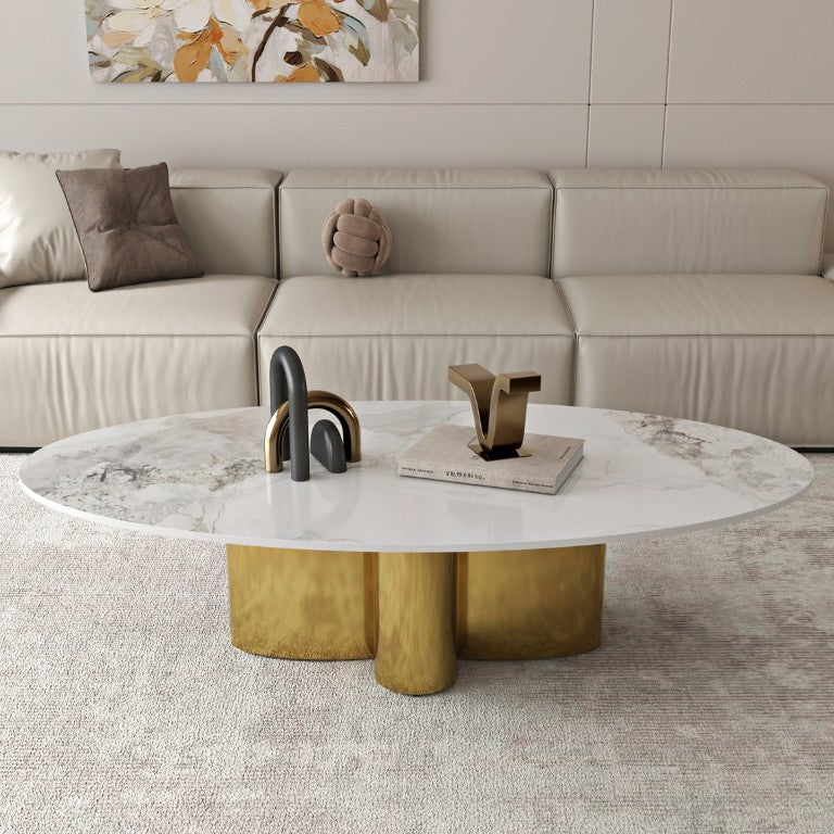 English Elm 49.21 Oval Sintered Stone Coffee Table with Sculptural Brushed Gold Floral Steel Base W6002S00020