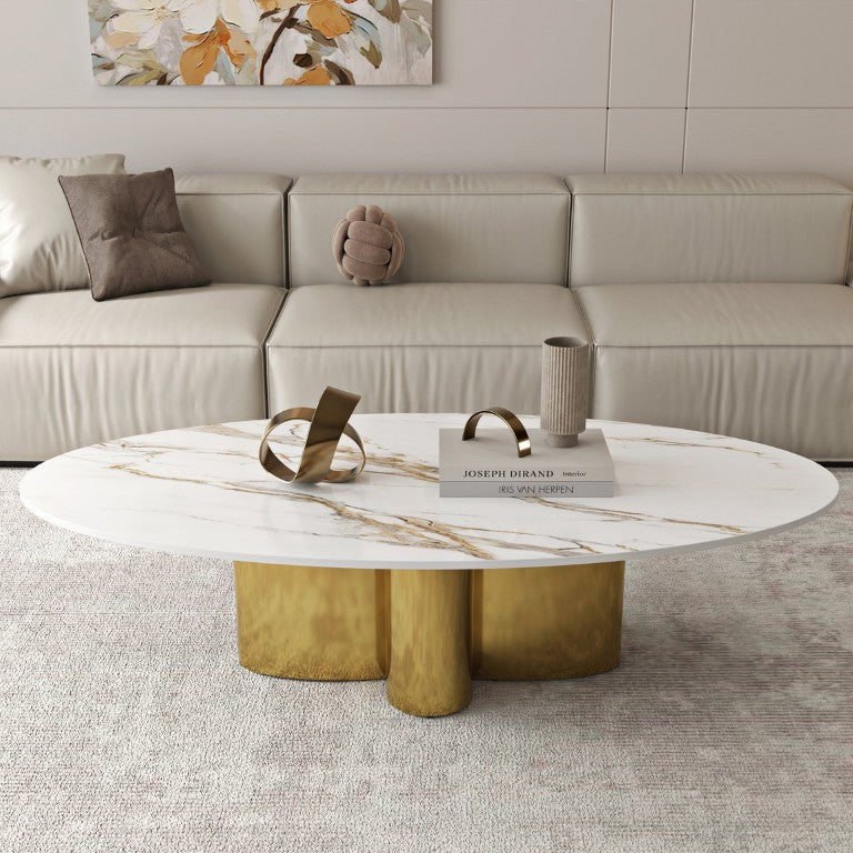 English Elm 49.21 Inch Oval Sintered Stone Coffee Table with Sculptural Brushed Gold Flower Base W6002S00021