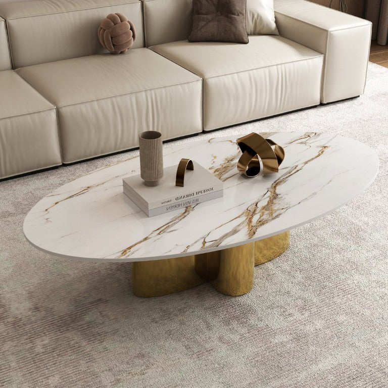 English Elm 49.21 Inch Oval Sintered Stone Coffee Table with Sculptural Brushed Gold Flower Base W6002S00021
