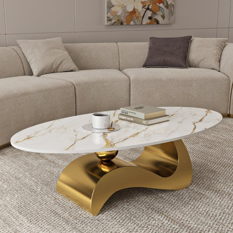 English Elm 49.21×26.77 Oval Sintered Stone Coffee Table Brushed Gold Wave Base Living Room W6002S00022