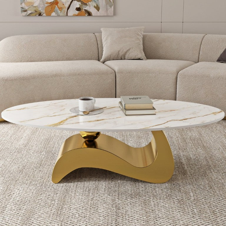 English Elm 49.21×26.77 Oval Sintered Stone Coffee Table Brushed Gold Wave Base Living Room W6002S00022
