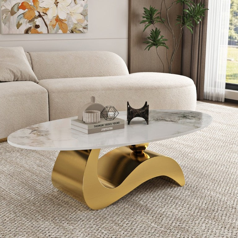 English Elm 49.21×26.77 Oval Sintered Stone Coffee Table Brushed Gold Wave Base Modern Luxe Living Room Curved Wave Base W6002S00024