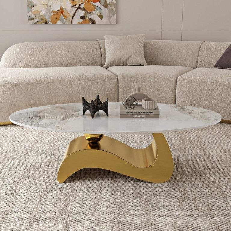 English Elm 49.21×26.77 Oval Sintered Stone Coffee Table Brushed Gold Wave Base Modern Luxe Living Room Curved Wave Base W6002S00024