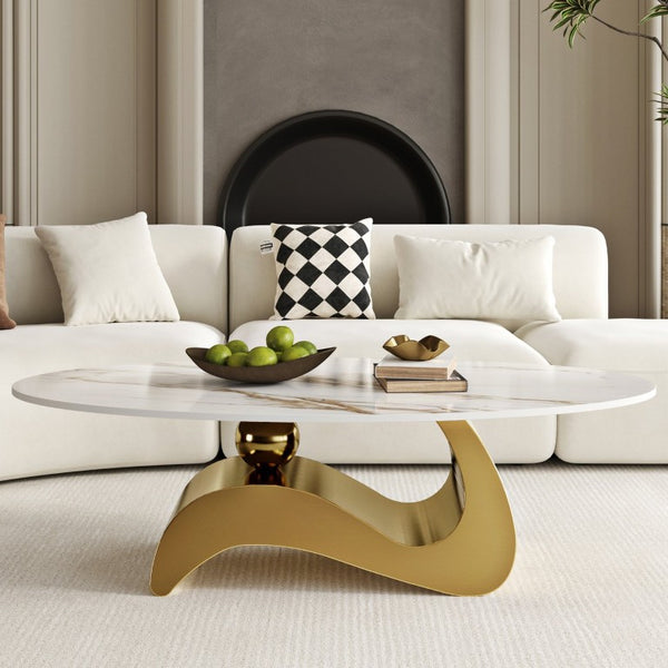 English Elm 49.21×26.77 Oval Sintered Stone Coffee Table Brushed Gold Wave Base Modern Luxe Curved Wave Base W6002S00025