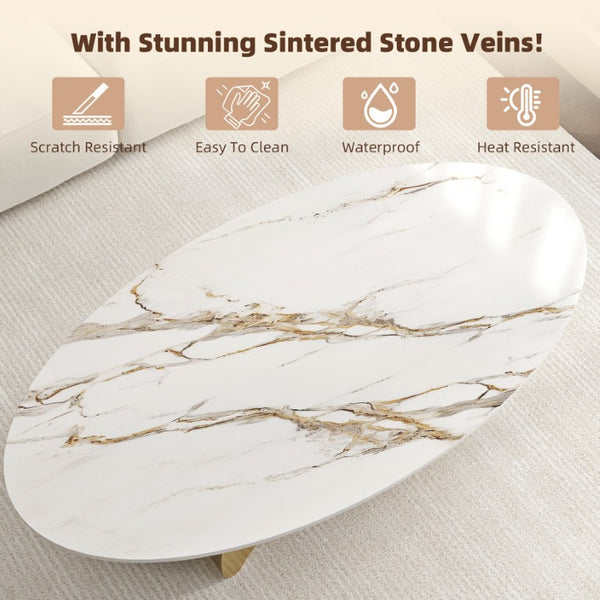 English Elm 49.21×26.77 Oval Sintered Stone Coffee Table Brushed Gold Wave Base Modern Luxe Curved Wave Base W6002S00025