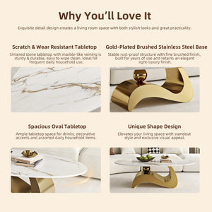 English Elm 49.21×26.77 Oval Sintered Stone Coffee Table Brushed Gold Wave Base Modern Luxe Curved Wave Base W6002S00025