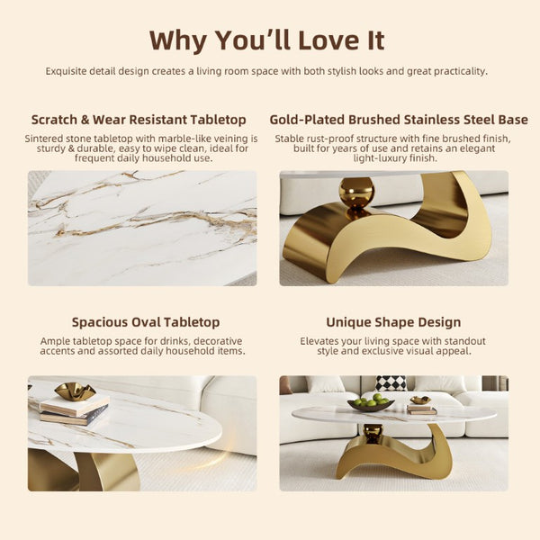 English Elm 49.21×26.77 Oval Sintered Stone Coffee Table Brushed Gold Wave Base Modern Luxe Curved Wave Base W6002S00025