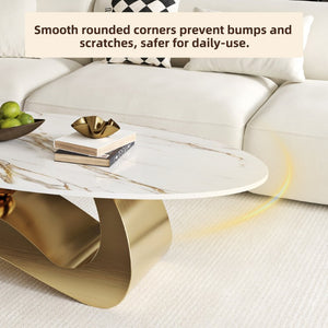 English Elm 49.21×26.77 Oval Sintered Stone Coffee Table Brushed Gold Wave Base Modern Luxe Curved Wave Base W6002S00025