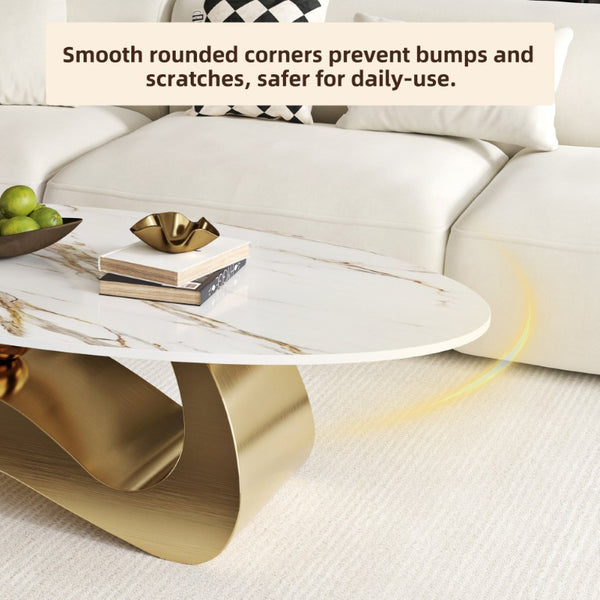 English Elm 49.21×26.77 Oval Sintered Stone Coffee Table Brushed Gold Wave Base Modern Luxe Curved Wave Base W6002S00025
