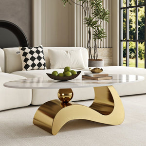 English Elm 49.21×26.77 Oval Sintered Stone Coffee Table Brushed Gold Wave Base Modern Luxe Curved Wave Base W6002S00025