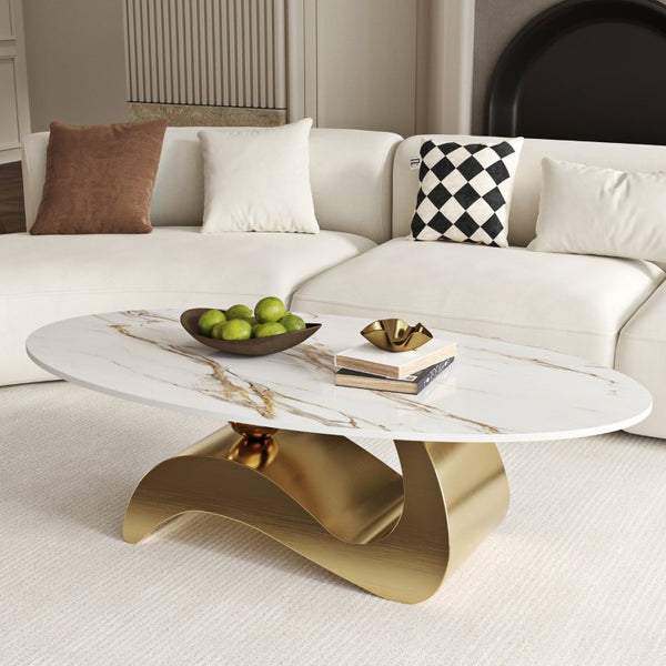 English Elm 49.21×26.77 Oval Sintered Stone Coffee Table Brushed Gold Wave Base Modern Luxe Curved Wave Base W6002S00025