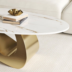 English Elm 49.21×26.77 Oval Sintered Stone Coffee Table Brushed Gold Wave Base Modern Luxe Curved Wave Base W6002S00025