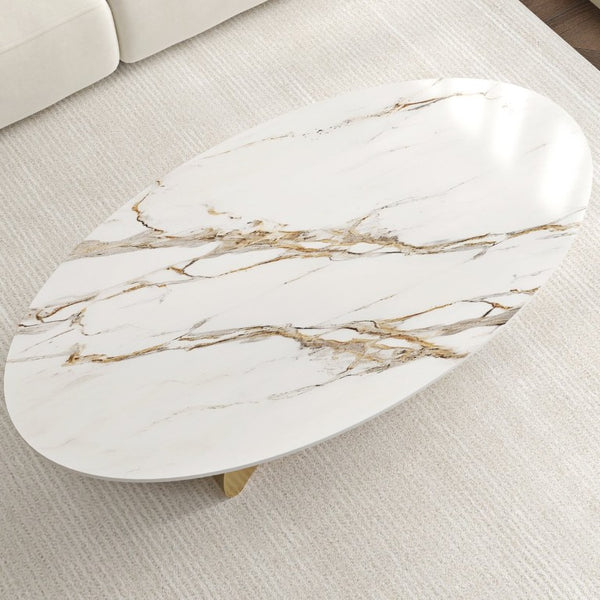 English Elm 49.21×26.77 Oval Sintered Stone Coffee Table Brushed Gold Wave Base Modern Luxe Curved Wave Base W6002S00025