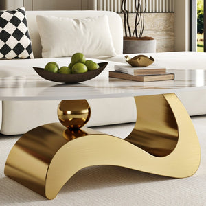 English Elm 49.21×26.77 Oval Sintered Stone Coffee Table Brushed Gold Wave Base Modern Luxe Curved Wave Base W6002S00025