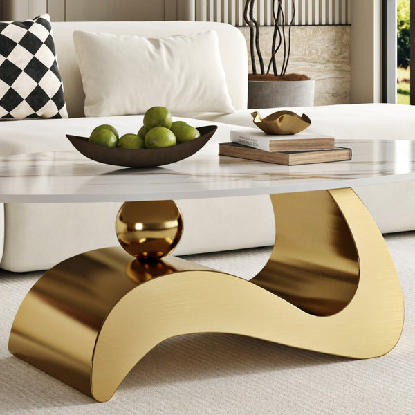 English Elm 49.21×26.77 Oval Sintered Stone Coffee Table Brushed Gold Wave Base Modern Luxe Curved Wave Base W6002S00025