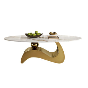 English Elm 49.21×26.77 Oval Sintered Stone Coffee Table Brushed Gold Wave Base Modern Luxe Curved Wave Base W6002S00025