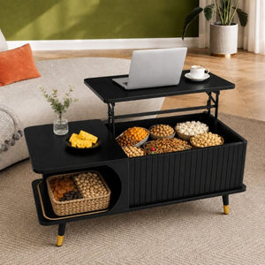 English Elm Wood Grain Lift Top Coffee Table with Hidden Compartment and Open Shelf Storage Black W6010P522555