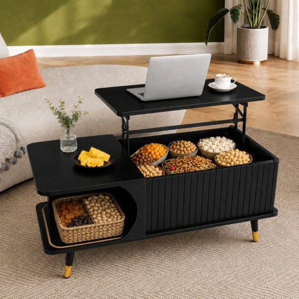 English Elm Wood Grain Lift Top Coffee Table with Hidden Compartment and Open Shelf Storage Black W6010P522555