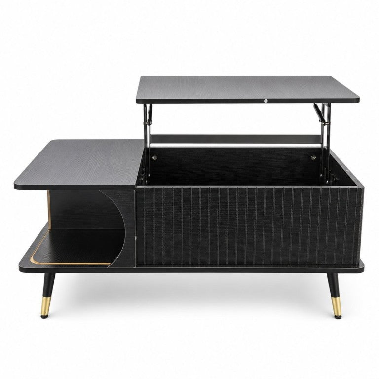 English Elm Wood Grain Lift Top Coffee Table with Hidden Compartment and Open Shelf Storage Black W6010P522555