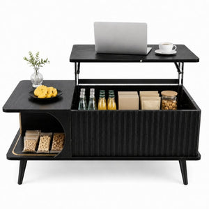 English Elm Wood Grain Lift Top Coffee Table with Hidden Compartment and Open Shelf Storage Black W6010P522555