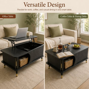 English Elm Wood Grain Lift Top Coffee Table with Hidden Compartment and Open Shelf Storage Black W6010P522555