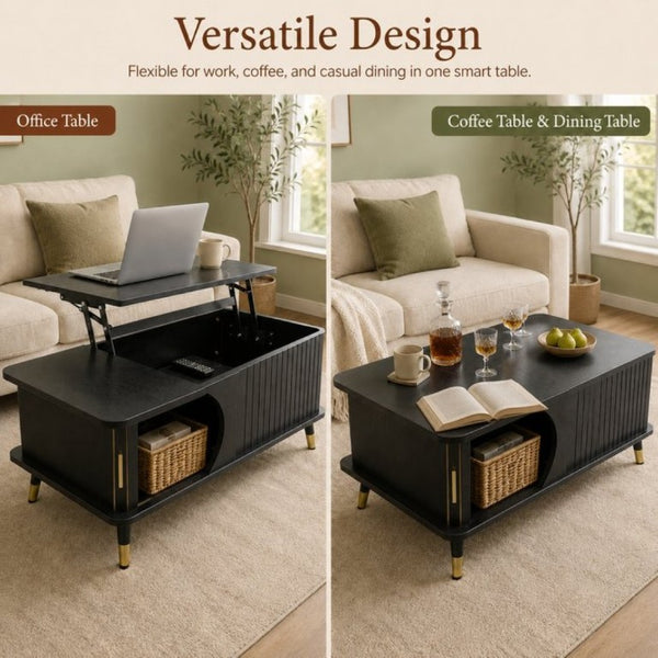 English Elm Wood Grain Lift Top Coffee Table with Hidden Compartment and Open Shelf Storage Black W6010P522555