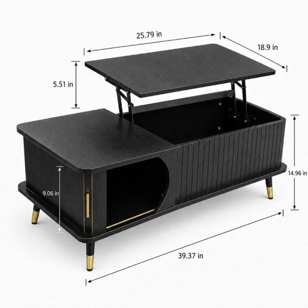 English Elm Wood Grain Lift Top Coffee Table with Hidden Compartment and Open Shelf Storage Black W6010P522555