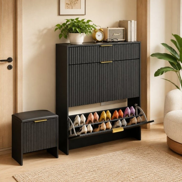 English Elm Fluted Matte Black Entryway Storage Set with Padded Bench and Gold Hardware W6010P522585