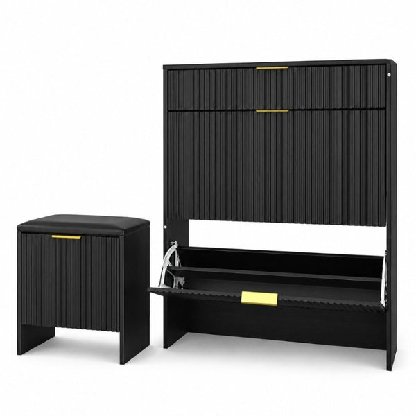 English Elm Fluted Matte Black Entryway Storage Set with Padded Bench and Gold Hardware W6010P522585