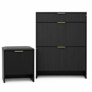 English Elm Fluted Matte Black Entryway Storage Set with Padded Bench and Gold Hardware W6010P522585