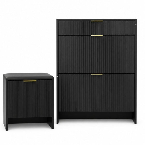English Elm Fluted Matte Black Entryway Storage Set with Padded Bench and Gold Hardware W6010P522585