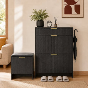 English Elm Fluted Matte Black Entryway Storage Set with Padded Bench and Gold Hardware W6010P522585