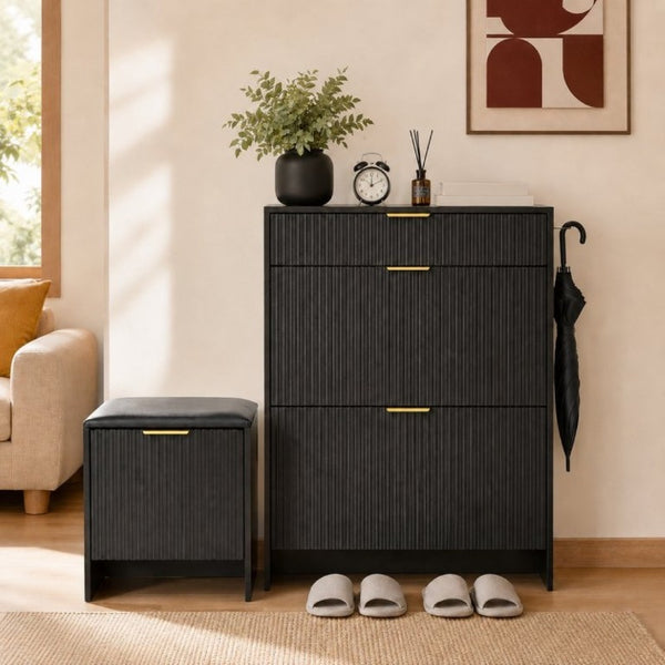 English Elm Fluted Matte Black Entryway Storage Set with Padded Bench and Gold Hardware W6010P522585