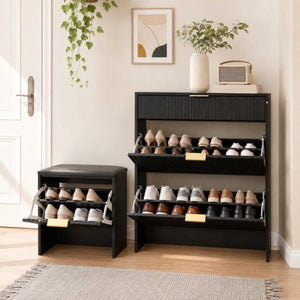 English Elm Fluted Matte Black Entryway Storage Set with Padded Bench and Gold Hardware W6010P522585