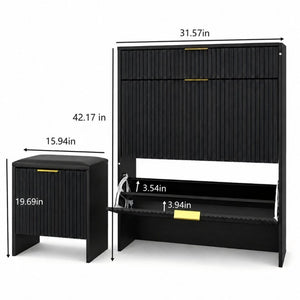 English Elm Fluted Matte Black Entryway Storage Set with Padded Bench and Gold Hardware W6010P522585