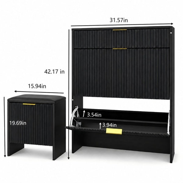 English Elm Fluted Matte Black Entryway Storage Set with Padded Bench and Gold Hardware W6010P522585