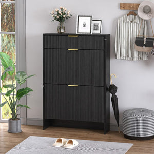 English Elm Narrow Fluted Entryway Cabinet with Gold Handles Mid-Century Slim Shoe Organizer Black W6010P522590