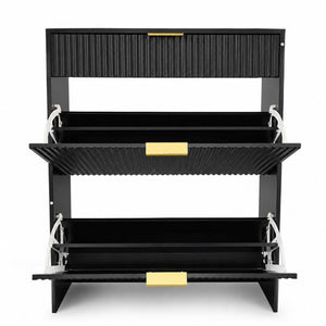 English Elm Narrow Fluted Entryway Cabinet with Gold Handles Mid-Century Slim Shoe Organizer Black W6010P522590