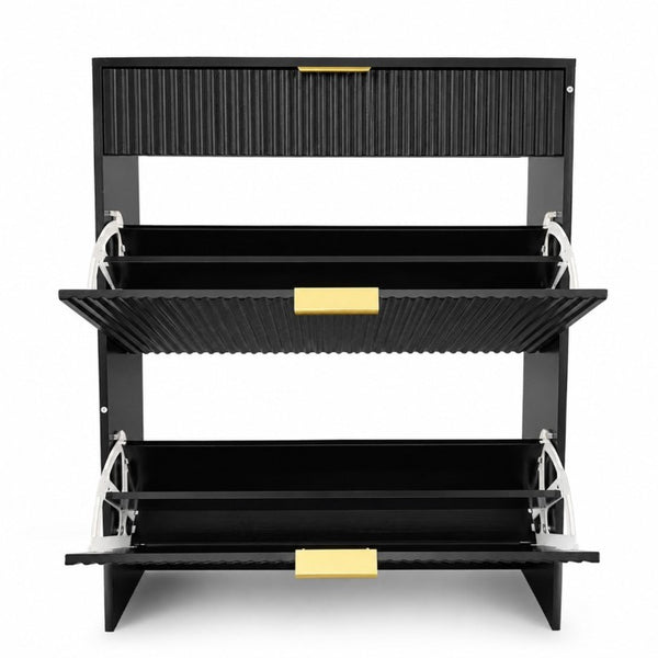 English Elm Narrow Fluted Entryway Cabinet with Gold Handles Mid-Century Slim Shoe Organizer Black W6010P522590