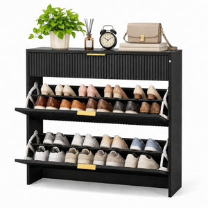 English Elm Narrow Fluted Entryway Cabinet with Gold Handles Mid-Century Slim Shoe Organizer Black W6010P522590