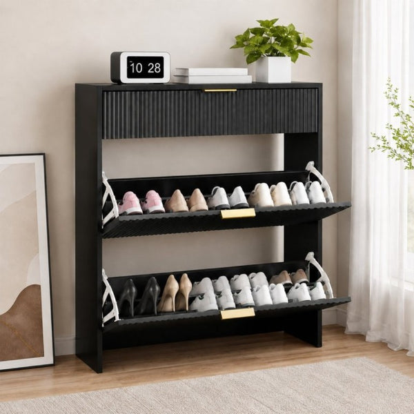 English Elm Narrow Fluted Entryway Cabinet with Gold Handles Mid-Century Slim Shoe Organizer Black W6010P522590
