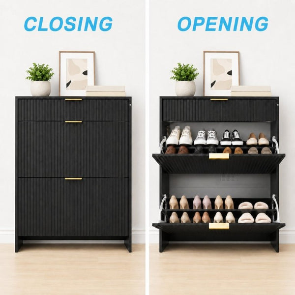 English Elm Narrow Fluted Entryway Cabinet with Gold Handles Mid-Century Slim Shoe Organizer Black W6010P522590