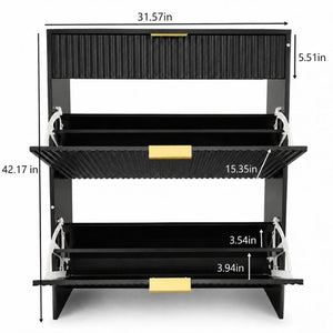English Elm Narrow Fluted Entryway Cabinet with Gold Handles Mid-Century Slim Shoe Organizer Black W6010P522590