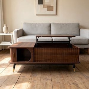 English Elm Wood Grain Lift Top Coffee Table with Hidden Compartment and Open Shelf Storage Walnut W6010P522783