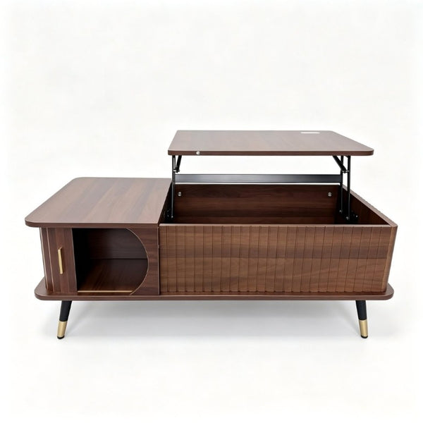 English Elm Wood Grain Lift Top Coffee Table with Hidden Compartment and Open Shelf Storage Walnut W6010P522783