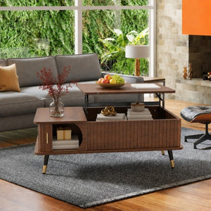English Elm Wood Grain Lift Top Coffee Table with Hidden Compartment and Open Shelf Storage Walnut W6010P522783