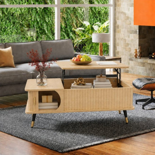 English Elm Wood Grain Lift Top Coffee Table with Hidden Compartment and Open Shelf Storage Natural W6010P522789