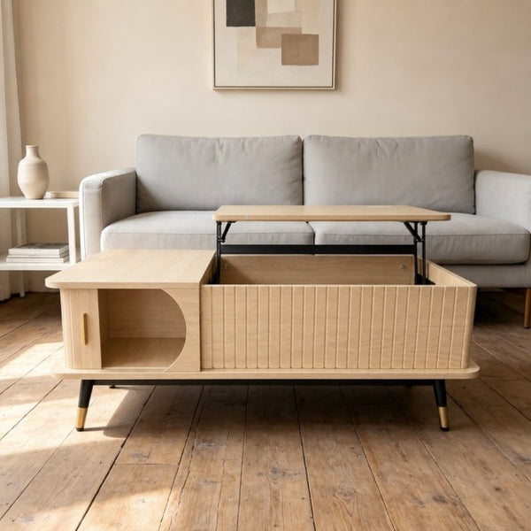 English Elm Wood Grain Lift Top Coffee Table with Hidden Compartment and Open Shelf Storage Natural W6010P522789